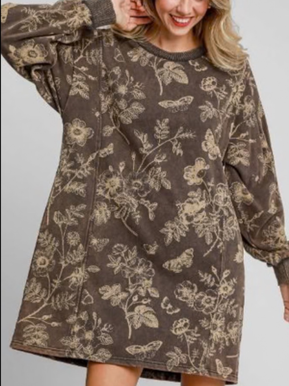 Botanical Oversized Crew Sweatshirt Mini Dress Chocolate Brown/Cream, med